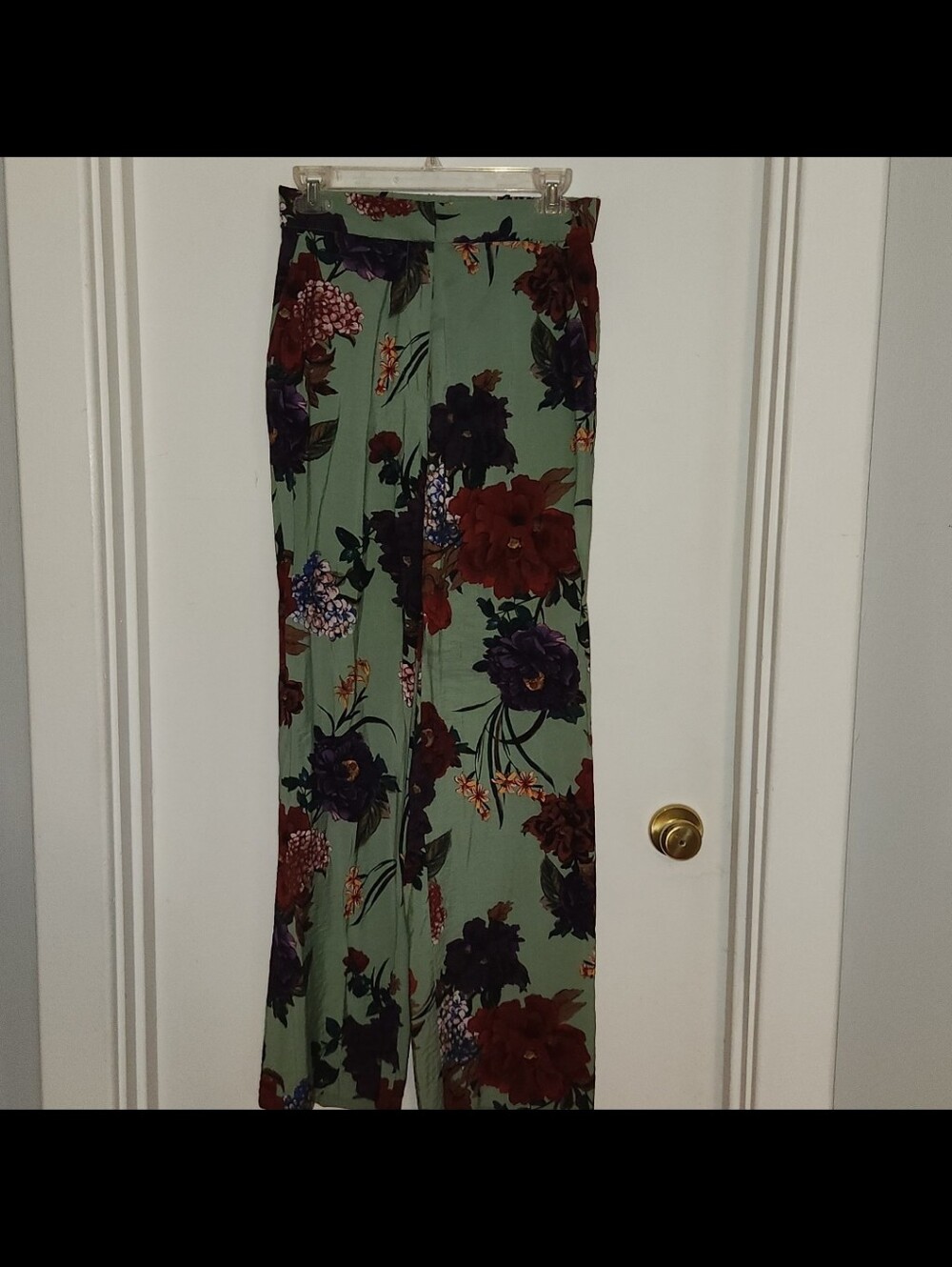 H&M Sage Green Wide-Leg Floral Pants with Red & Purple Blooms - Picture 6 of 6